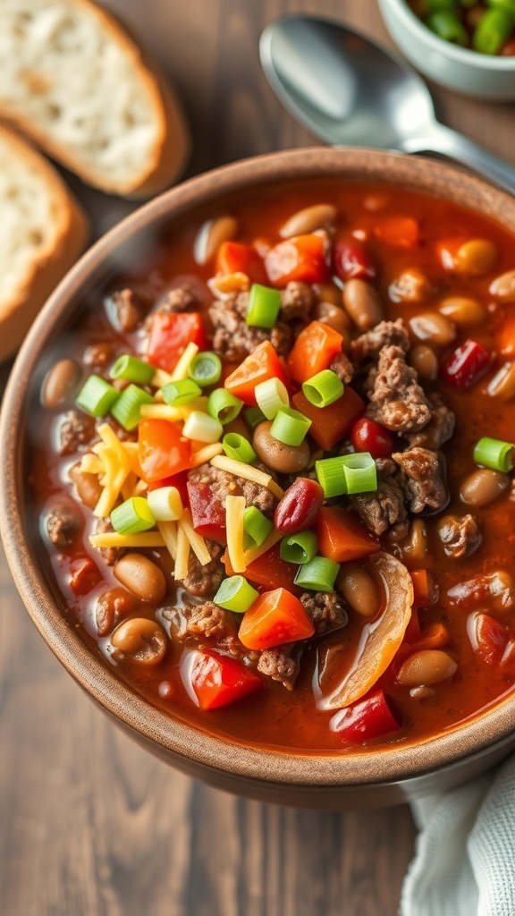 A bowl of hamburger chili with ground beef, kidney beans, and tomatoes, topped with cheese and green onions, on a wooden table with bread.